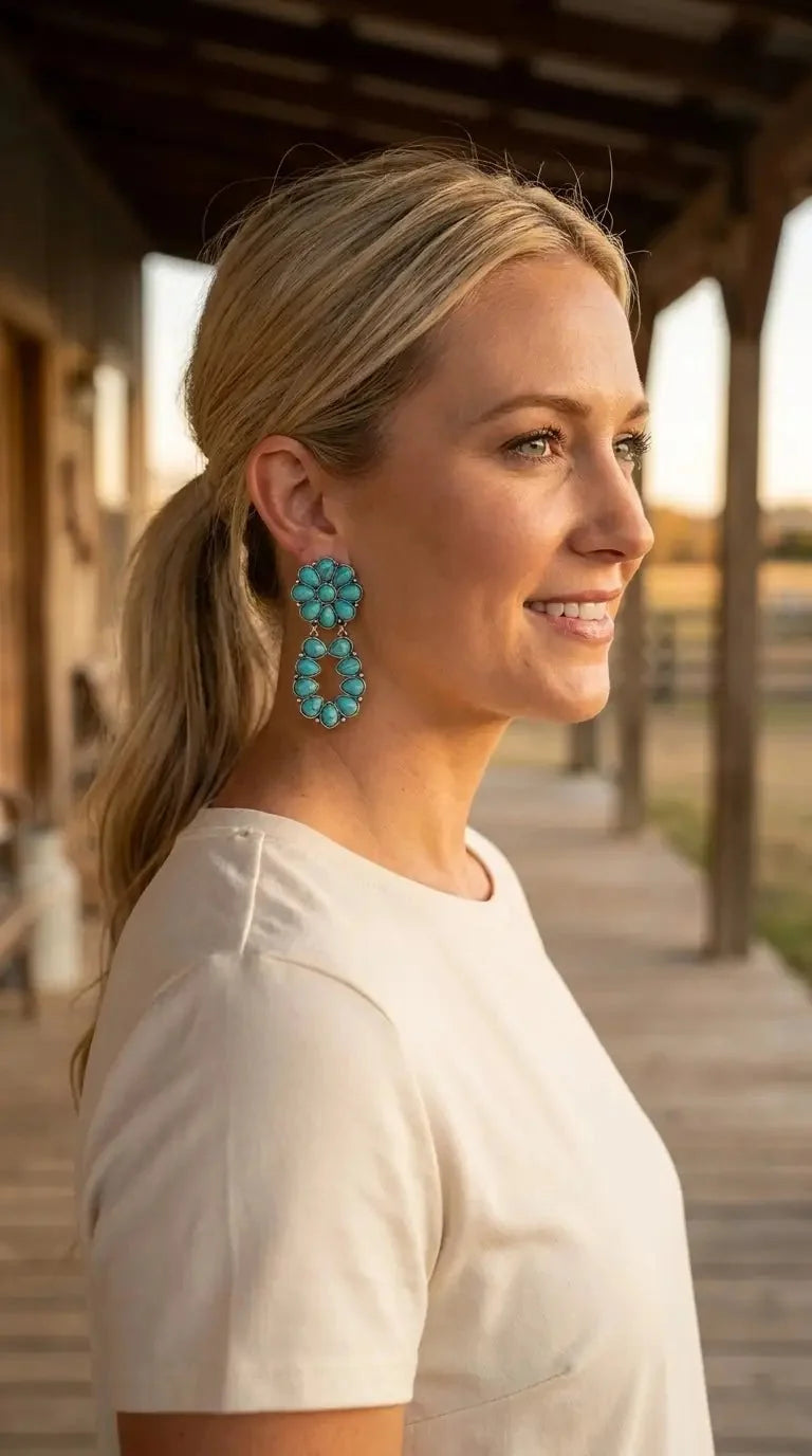 Western Faux Turquoise Cluster Post Earrings — Statement 2¼" Drop