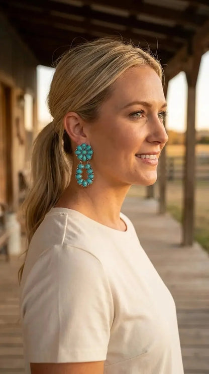 Western Faux Turquoise Cluster Post Earrings — Statement 2¼" Drop