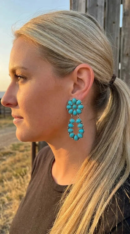 Western Faux Turquoise Cluster Post Earrings — Statement 2¼" Drop