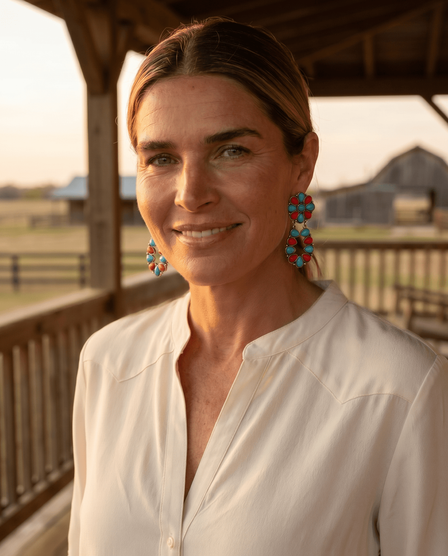 Western Faux Turquoise & Coral Cluster Post Earrings — Southwestern Statement