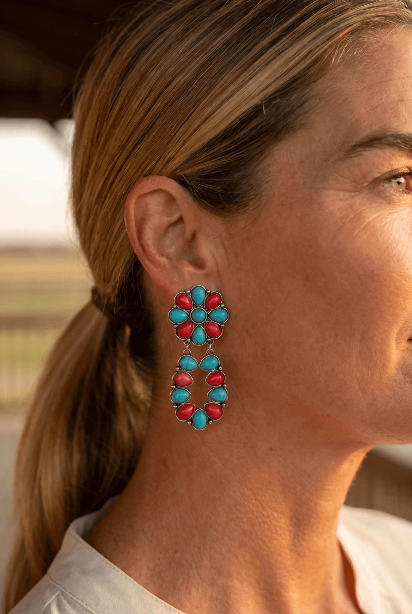Western Faux Turquoise & Coral Cluster Post Earrings — Southwestern Statement