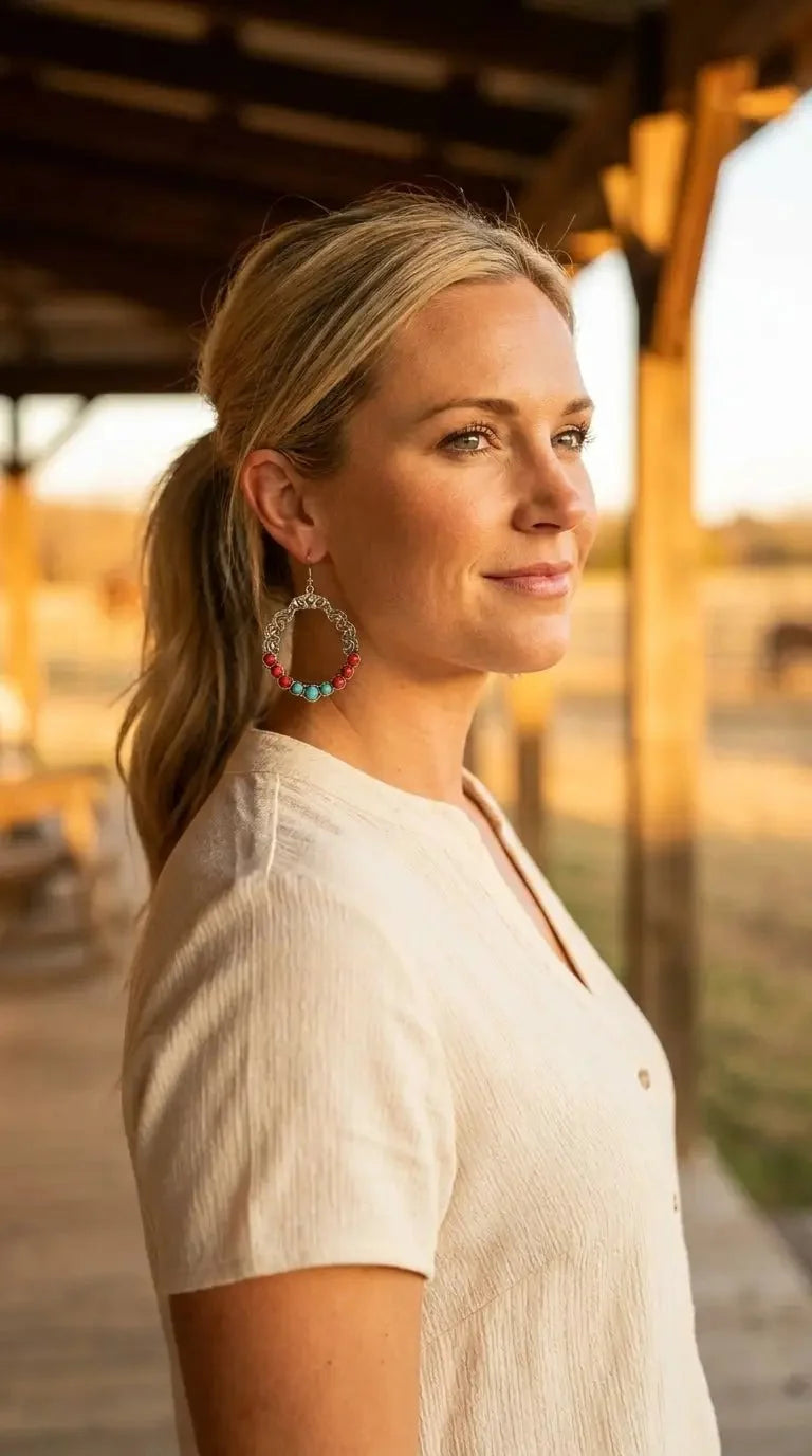 Western Faux Turquoise & Coral Hoop Earrings — 1¾" Drop Southwestern Style