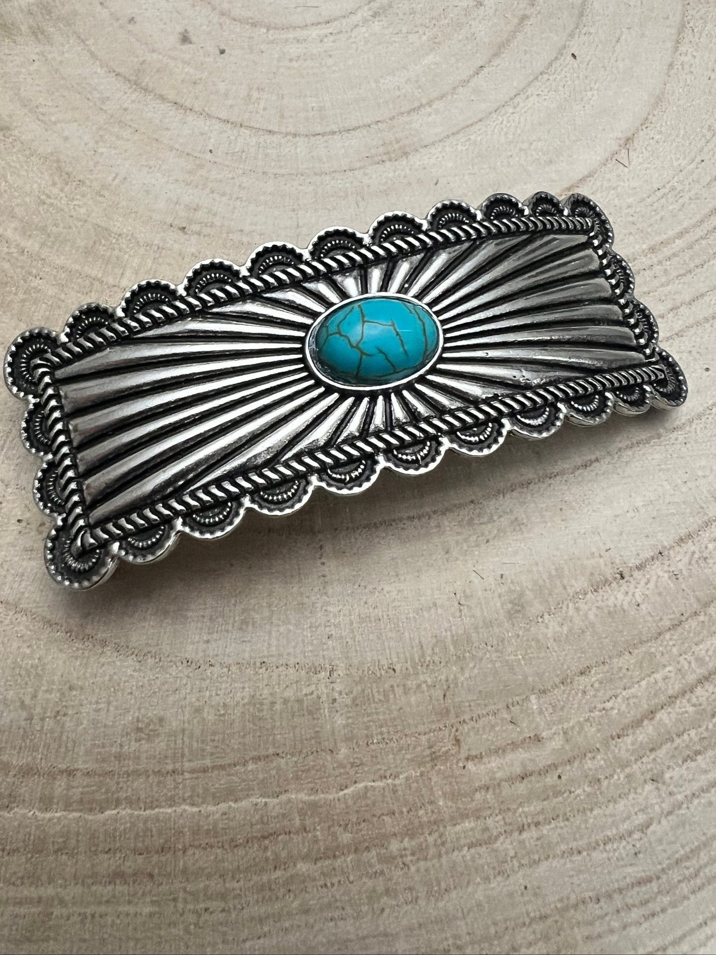 Western Faux Turquoise Etched Silver Hair Barrette — 3" Old West Hair Statement