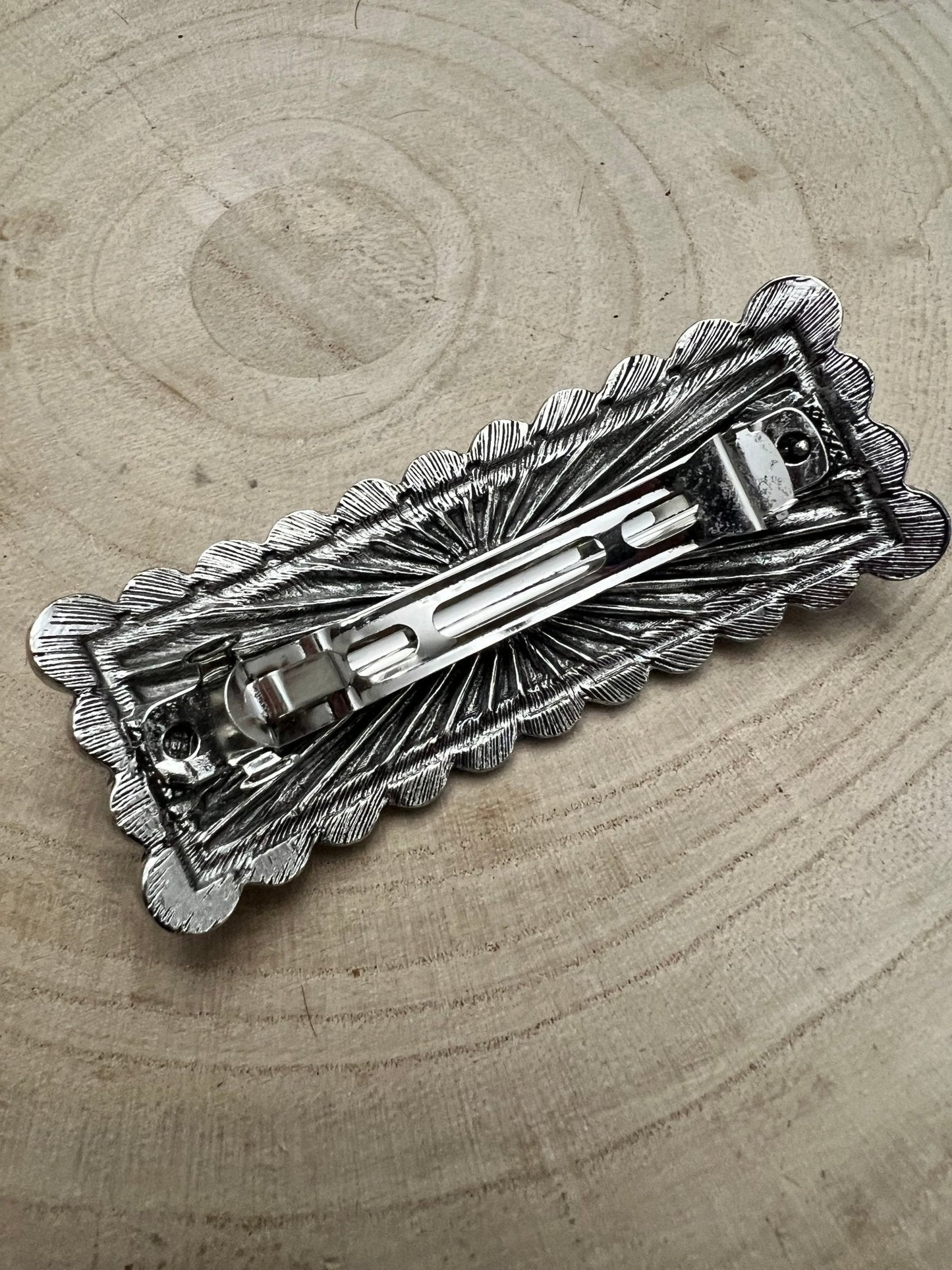 Western Faux Turquoise Etched Silver Hair Barrette — 3" Old West Hair Statement