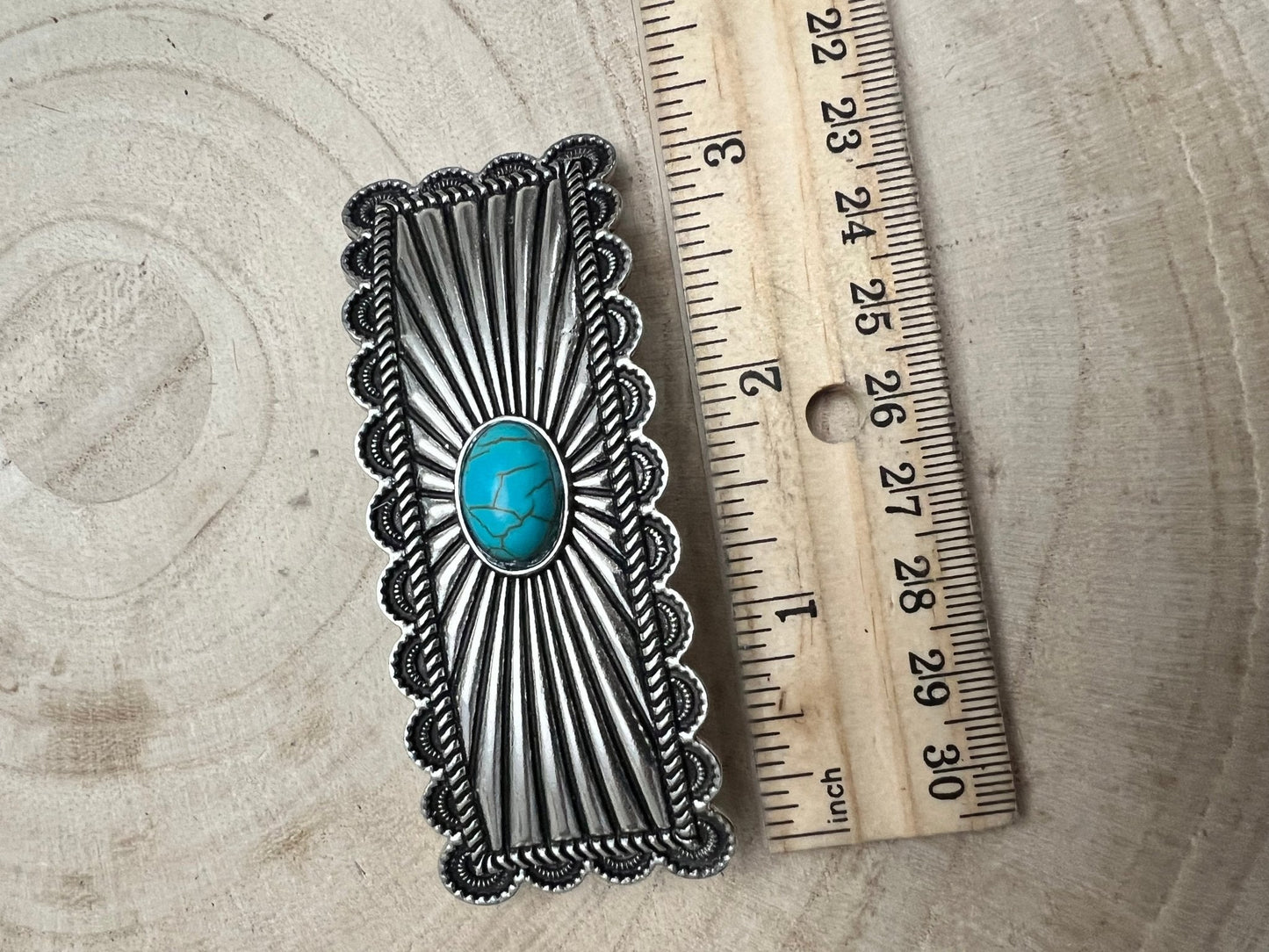 Western Faux Turquoise Etched Silver Hair Barrette — 3" Old West Hair Statement