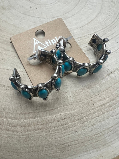 Western Faux Turquoise Small Hoop Earrings — Oxidized Silver 1½" Drop