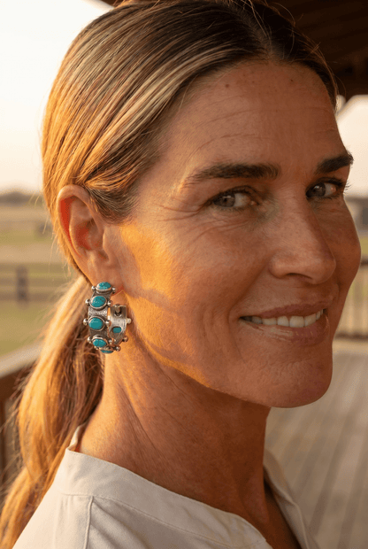 Western Faux Turquoise Small Hoop Earrings — Oxidized Silver 1½" Drop