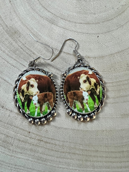 Western Framed Cow Calf Fashion Earrings — Ranch Life Statement (1½" x 1")