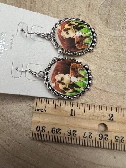 Western Framed Cow Calf Fashion Earrings — Ranch Life Statement (1½" x 1")