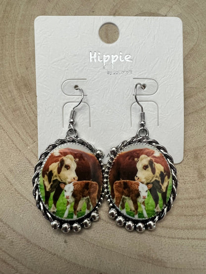 Western Framed Cow Calf Fashion Earrings — Ranch Life Statement (1½" x 1")
