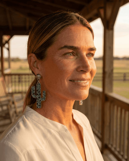 Western Glitter Enamel Cactus Dangle Earrings — Playful 2½" Drop