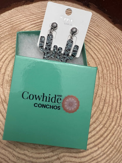 Western Glitter Enamel Cactus Dangle Earrings — Playful 2½" Drop