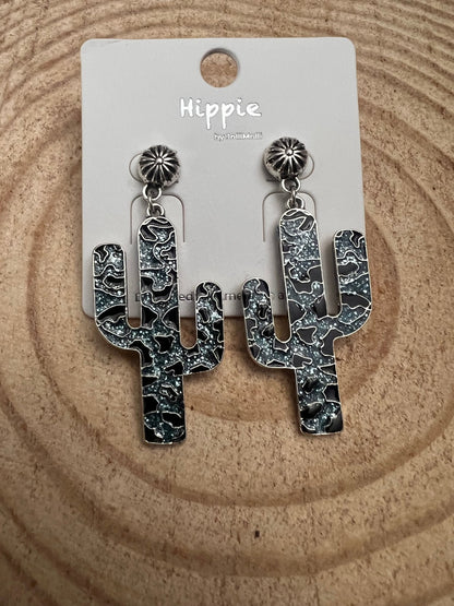 Western Glitter Enamel Cactus Dangle Earrings — Playful 2½" Drop