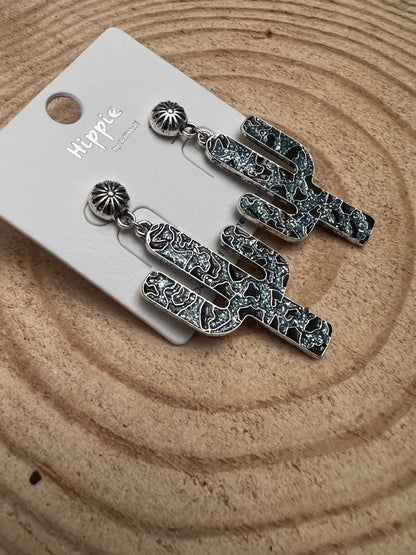 Western Glitter Enamel Cactus Dangle Earrings — Playful 2½" Drop