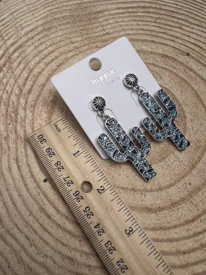 Western Glitter Enamel Cactus Dangle Earrings — Playful 2½" Drop