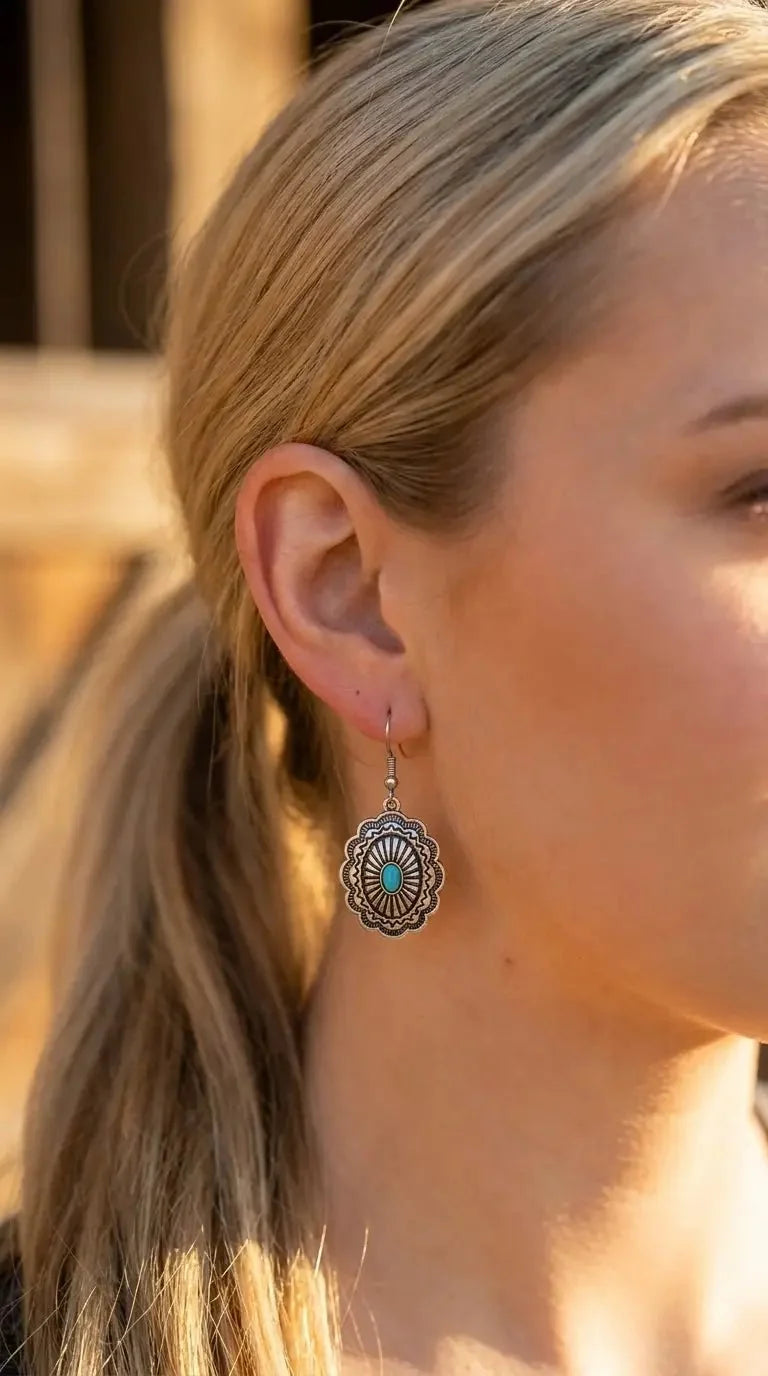 Western Oval Concho Earrings with Faux Turquoise — 1" Drop