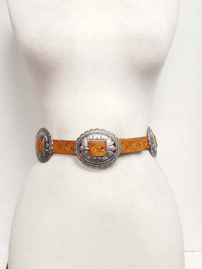 Western Oval Floral Concho Belt — Hand-Painted Tooled with 4 Conchos