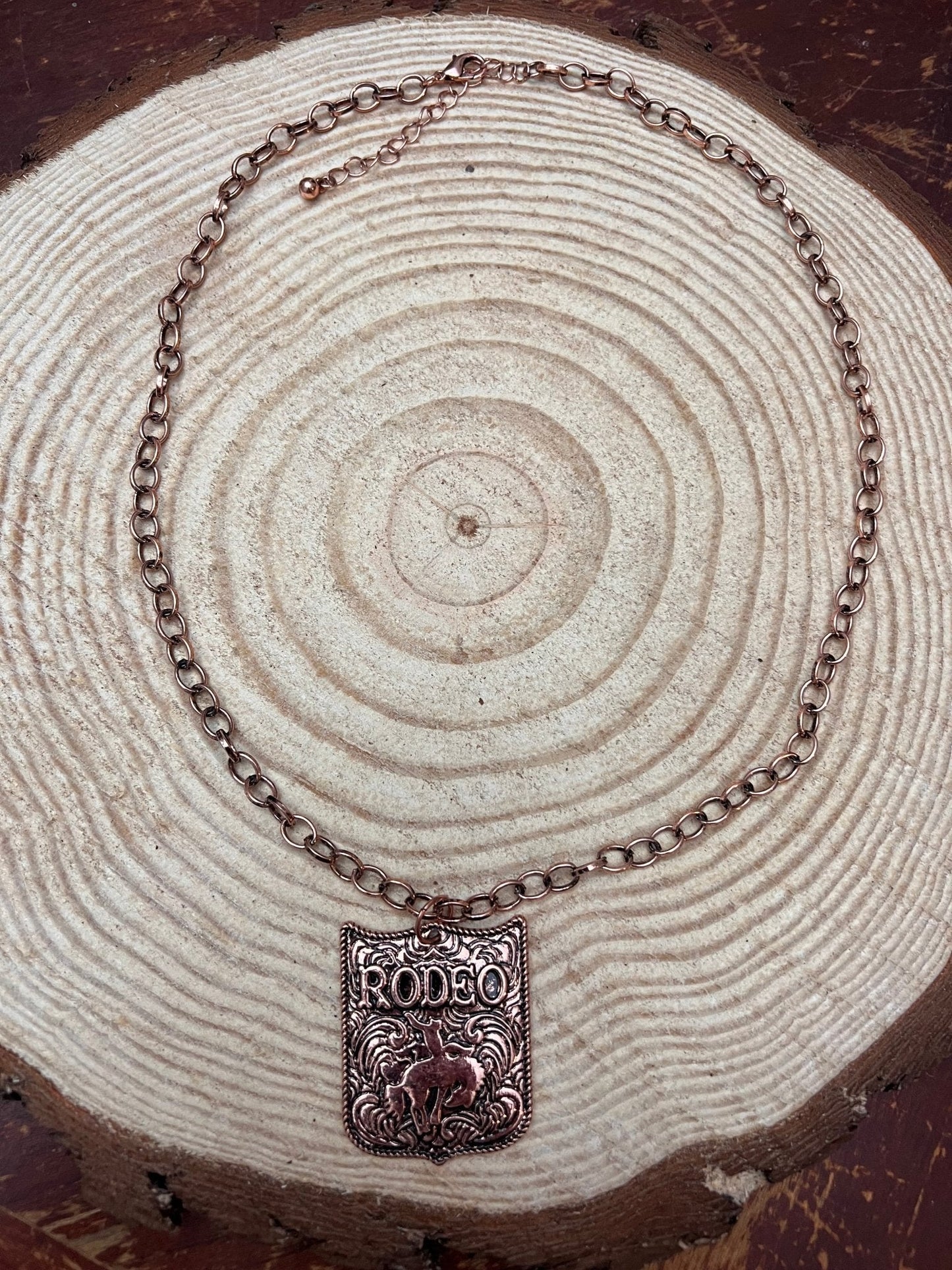 Western Rustic Brass Rodeo Pendant Necklace — 22 Inch Cowgirl Statement