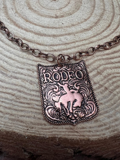 Western Rustic Brass Rodeo Pendant Necklace — 22 Inch Cowgirl Statement