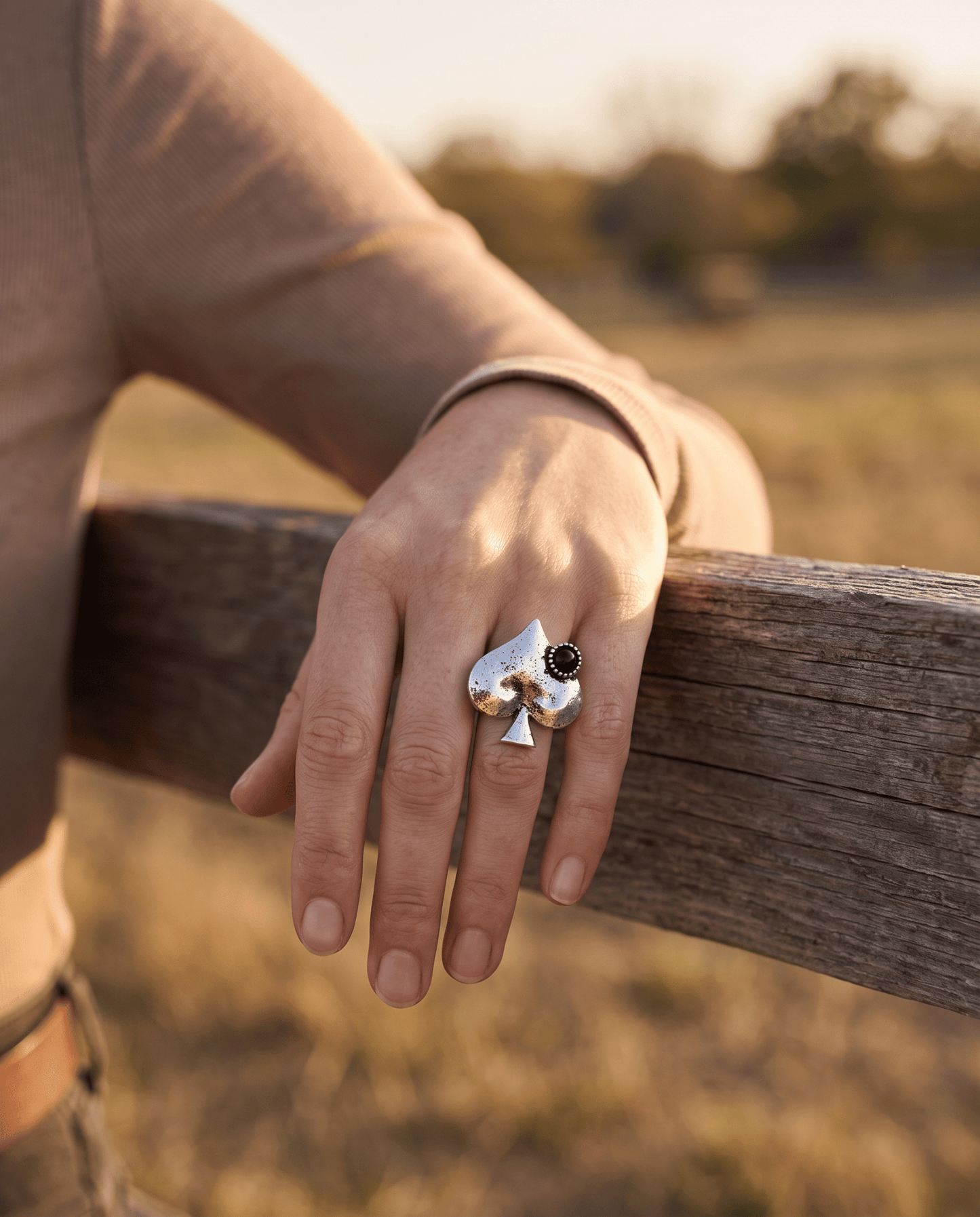 Western Spade Adjustable Cuff Ring with Faux Onyx — Playing Card Hand Statement