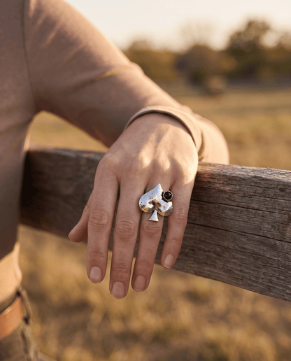 Western Spade Adjustable Cuff Ring with Faux Onyx — Playing Card Hand Statement