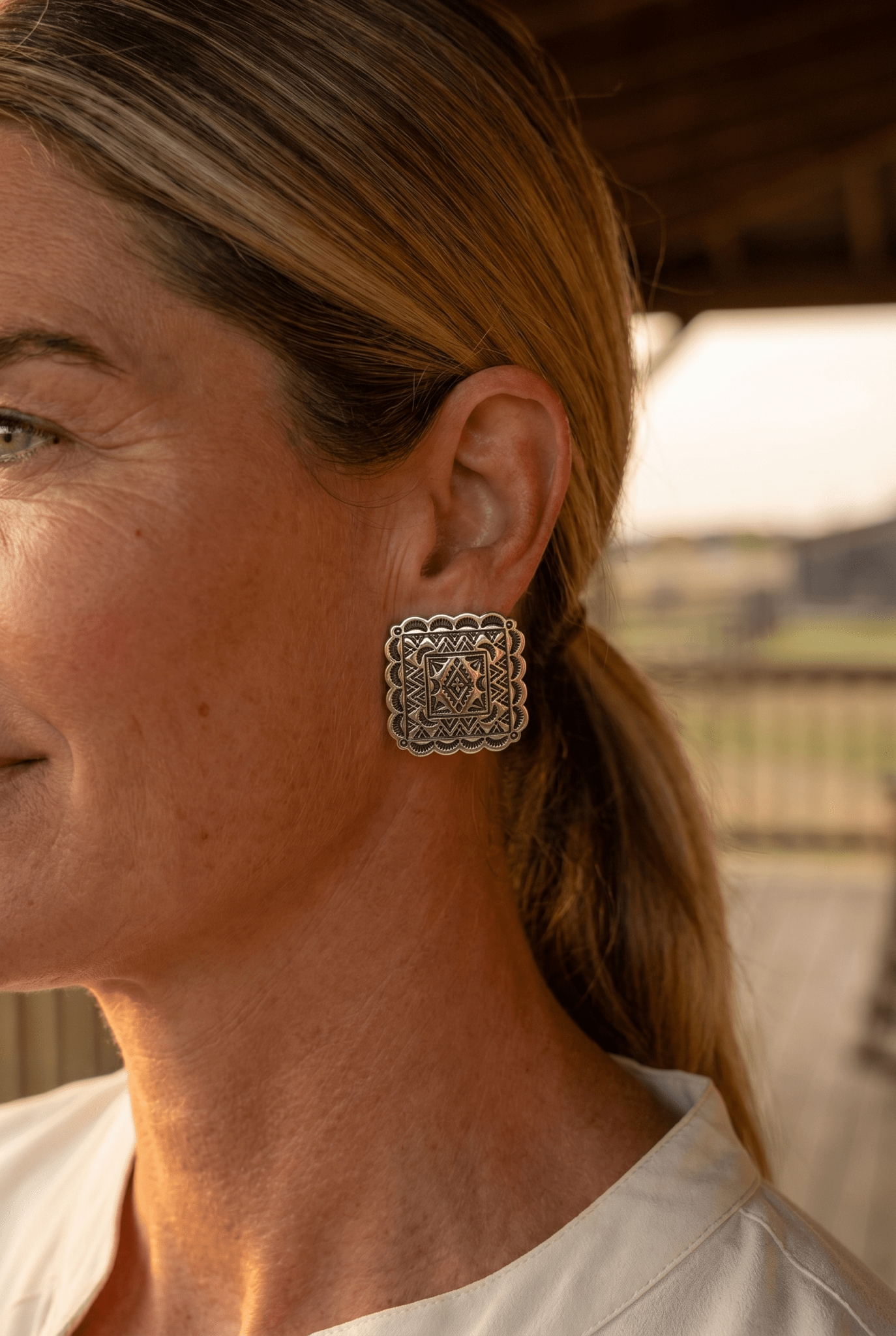 Western Square Concho Fashion Earrings — 1¼" Geometric Statement