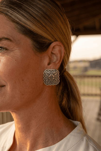 Western Square Concho Fashion Earrings — 1¼" Geometric Statement