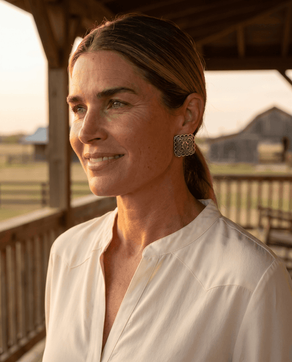 Western Square Concho Fashion Earrings — 1¼" Geometric Statement