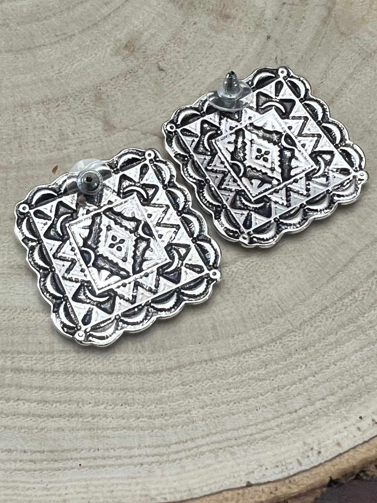 Western Square Concho Fashion Earrings — 1¼" Geometric Statement