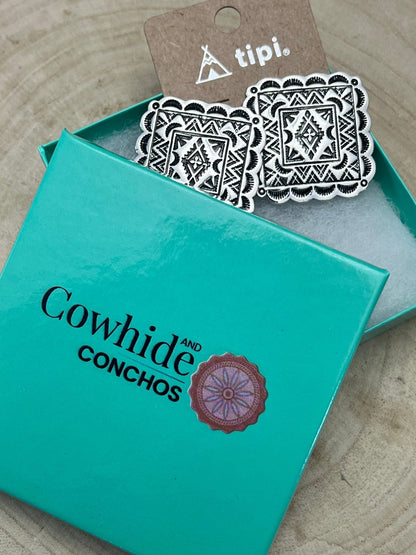 Western Square Concho Fashion Earrings — 1¼" Geometric Statement