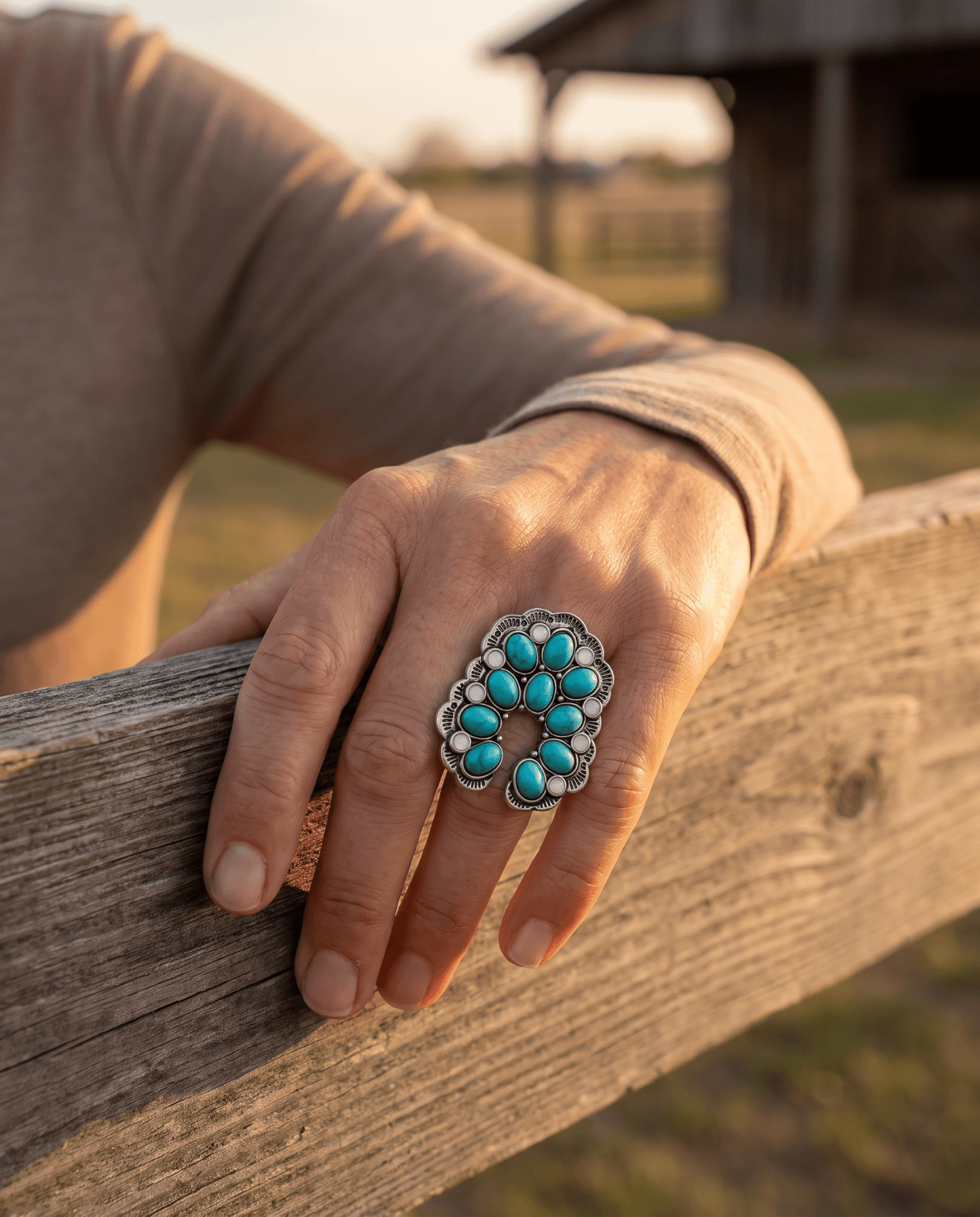 Western Squash Blossom Adjustable Ring — Faux Turquoise & Faux Opal Hand Statement