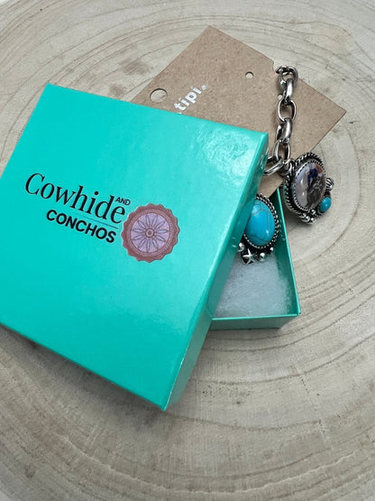 Western Rodeo Charm Bracelet — Bull Rider & Bronc Pendants with Faux Turquoise