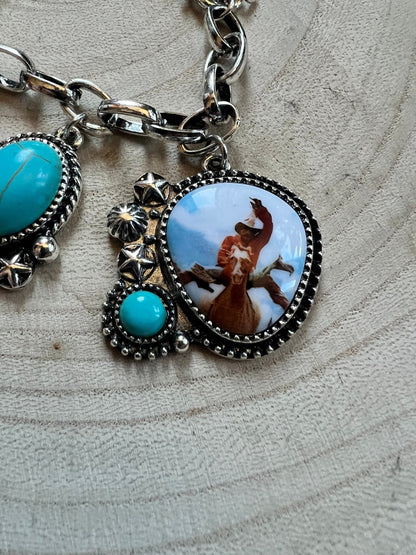 Western Rodeo Charm Bracelet — Bull Rider & Bronc Pendants with Faux Turquoise