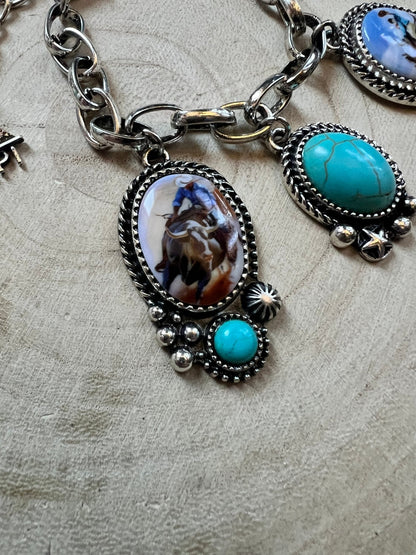Western Rodeo Charm Bracelet — Bull Rider & Bronc Pendants with Faux Turquoise