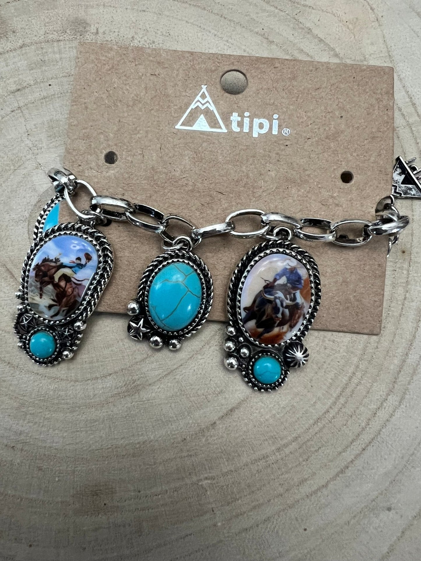 Western Rodeo Charm Bracelet — Bull Rider & Bronc Pendants with Faux Turquoise