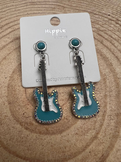 Western Turquoise Guitar Dangle Earrings — Country Music 2" Drop