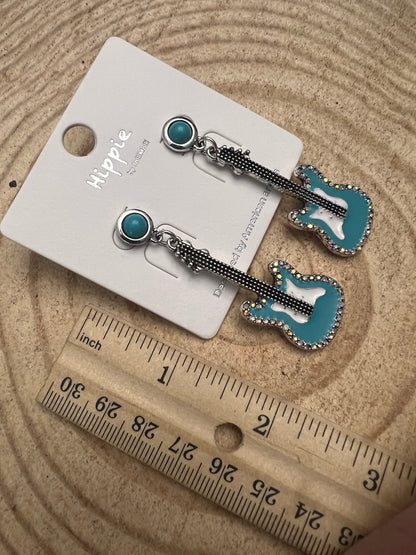 Western Turquoise Guitar Dangle Earrings — Country Music 2" Drop
