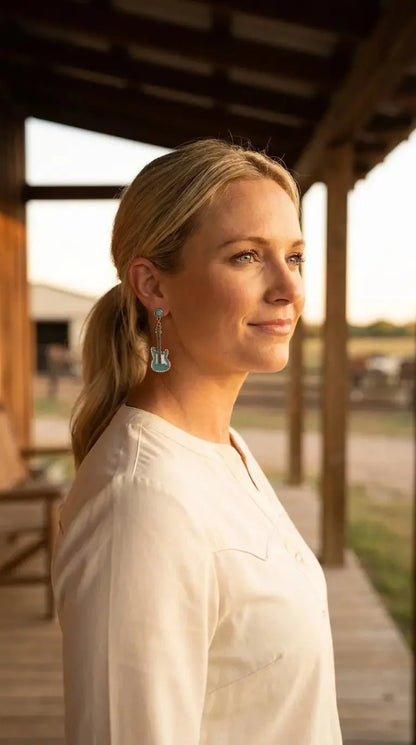 Western Turquoise Guitar Dangle Earrings — Country Music 2" Drop
