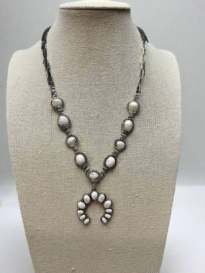 Western White Stone Faux Squash Blossom Necklace — 16 Inch Southwestern Statement