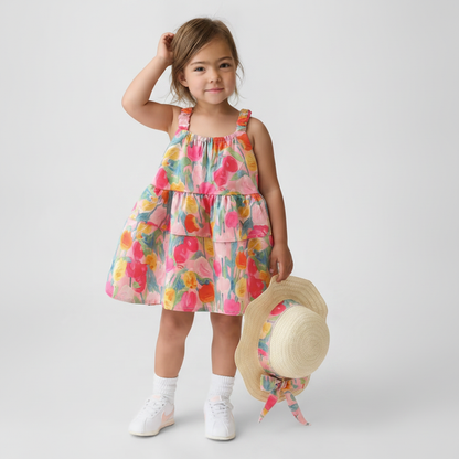 Layered Cotton Floral Dress w Hat