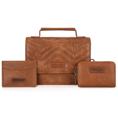 Wrangler Western 3-Piece Mini Crossbody Set — Saddle Color (Bag + Coin Wallet + Card Case)