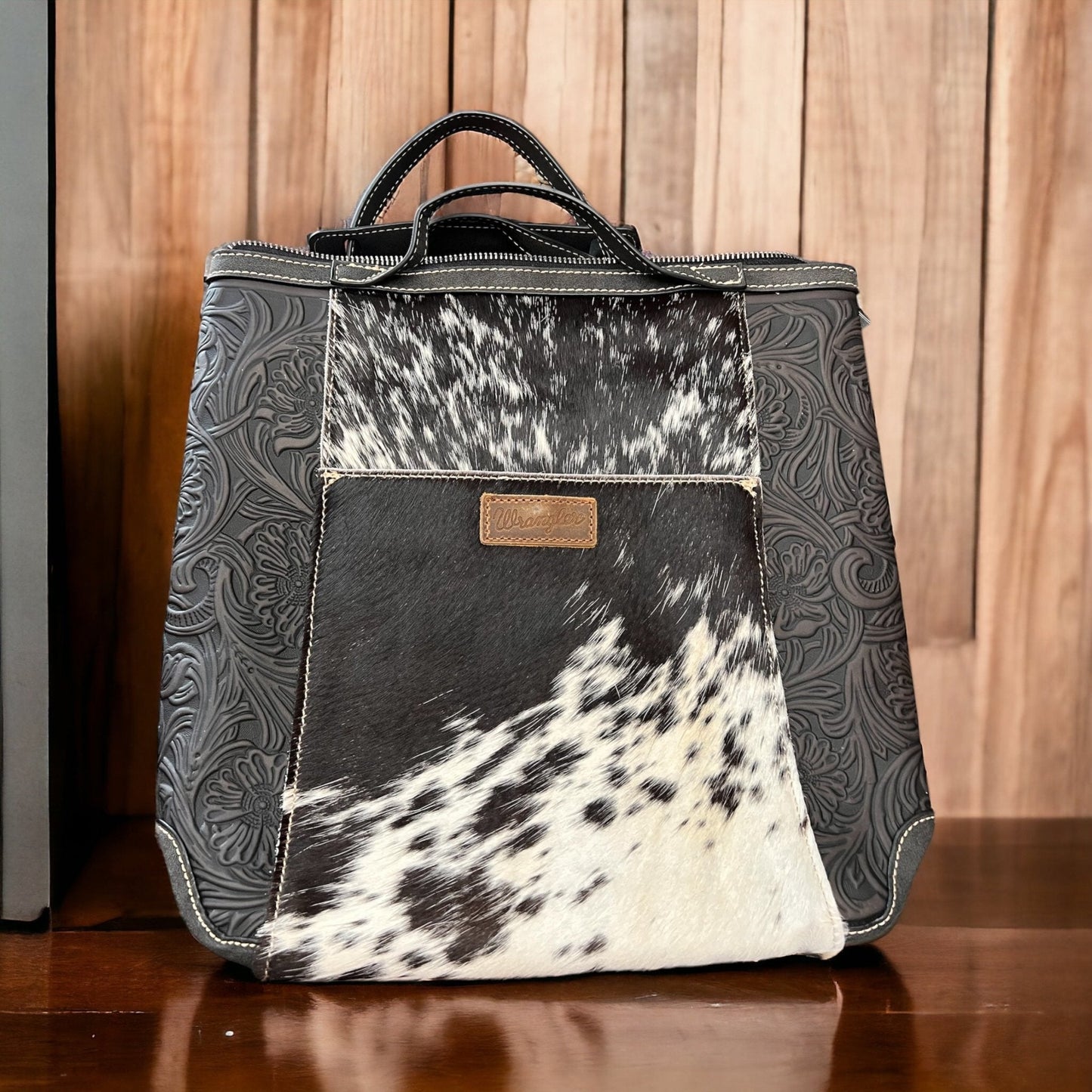 Wrangler Western Hair-on-Hide Backpack — Black & White Cowhide with Laptop/Tablet Sleeve