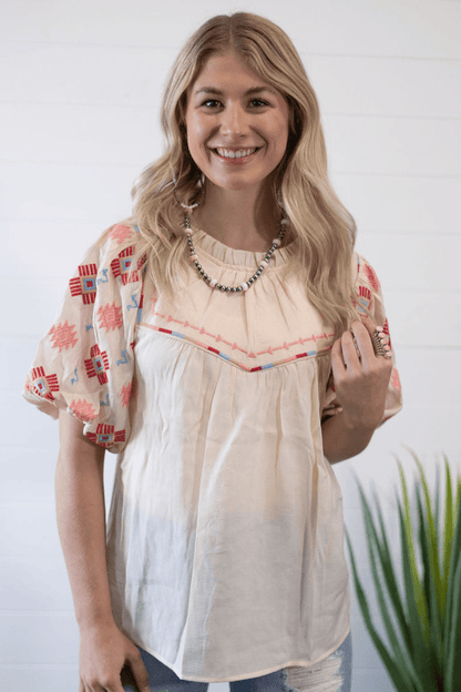 Umgee "Zia" Western Embroidered Blouse — Flowy Woven High Neck with Bubble Sleeves & Embroidered Yoke (medium remains)