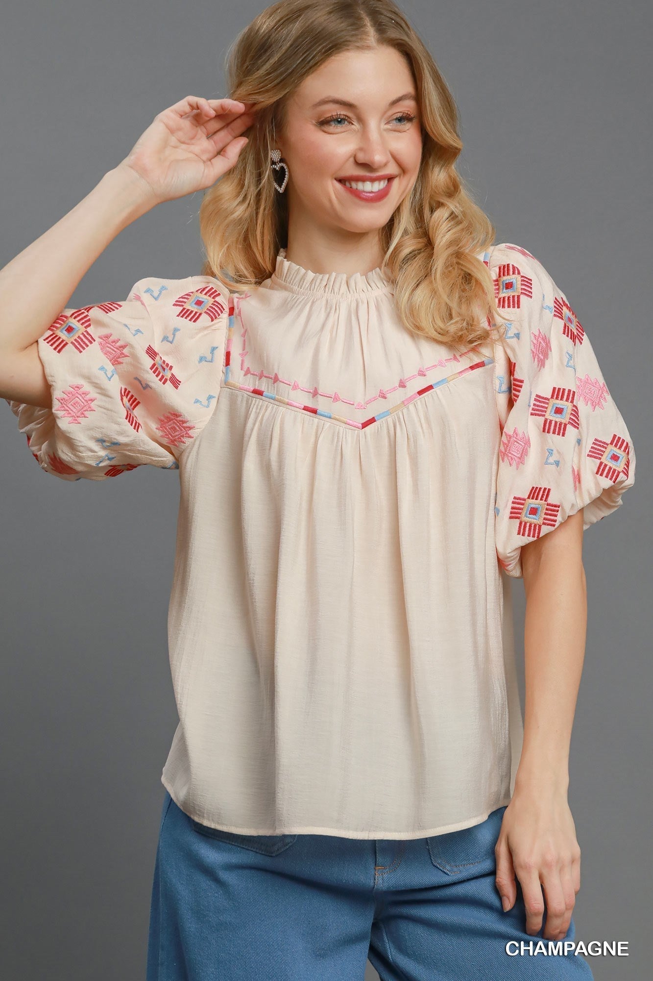 Umgee "Zia" Western Embroidered Blouse — Flowy Woven High Neck with Bubble Sleeves & Embroidered Yoke (medium remains)