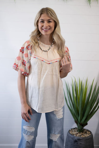 Umgee "Zia" Western Embroidered Blouse — Flowy Woven High Neck with Bubble Sleeves & Embroidered Yoke (medium remains)
