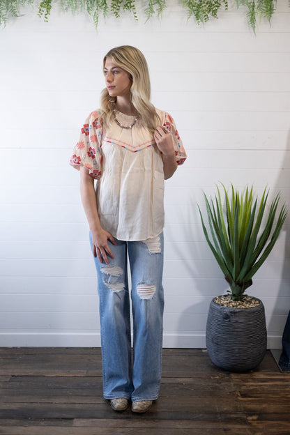 Umgee "Zia" Western Embroidered Blouse — Flowy Woven High Neck with Bubble Sleeves & Embroidered Yoke (medium remains)