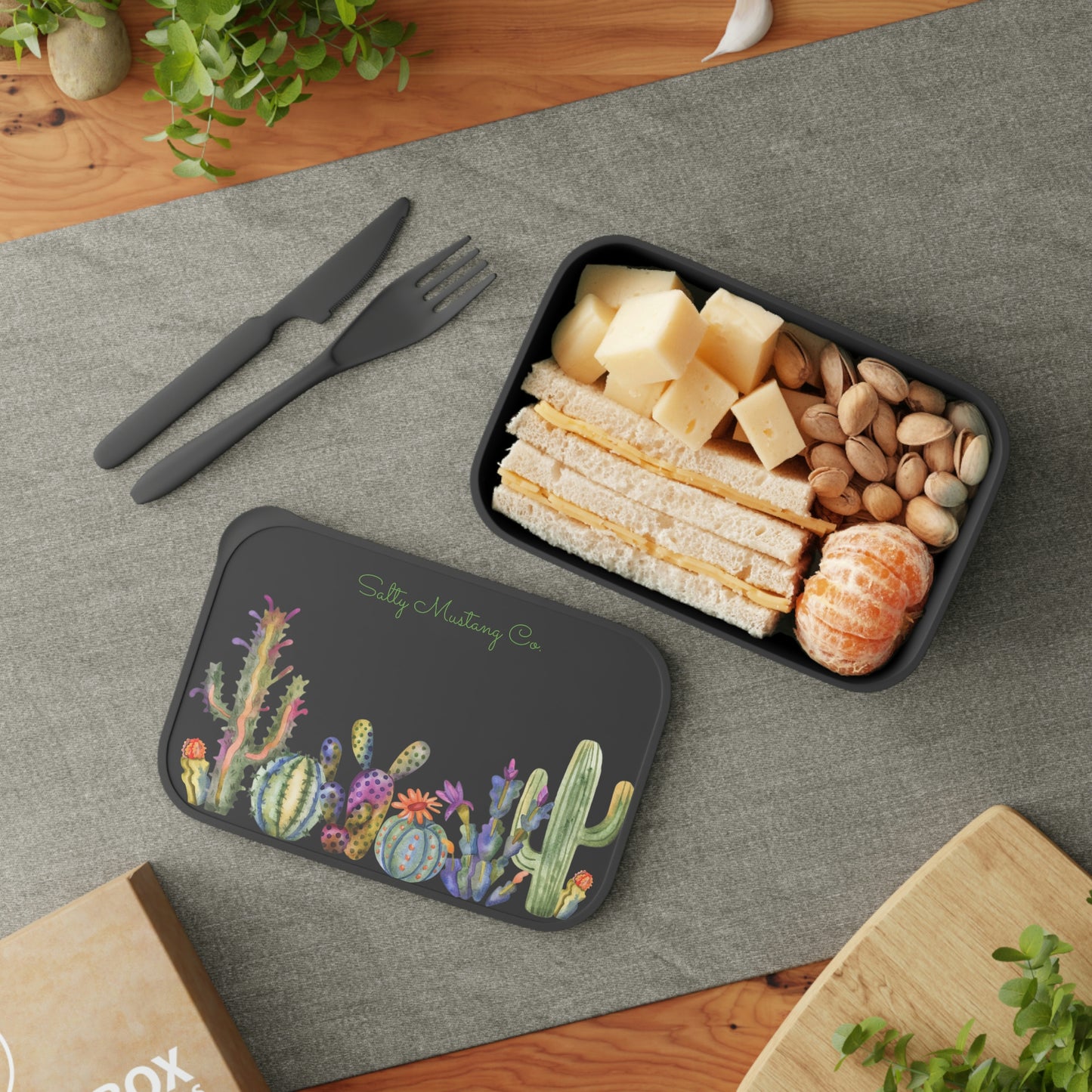 Salty Mustang Co. Cactus PLA Bento Box with Band and Utensils